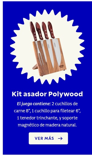Kit asador Polywood
El juego contiene: 2 cuchillos de carne 8", 1 cuchillo para filetear 6", 1 tenedor trinchante, y soporte magnético de madera natural.
